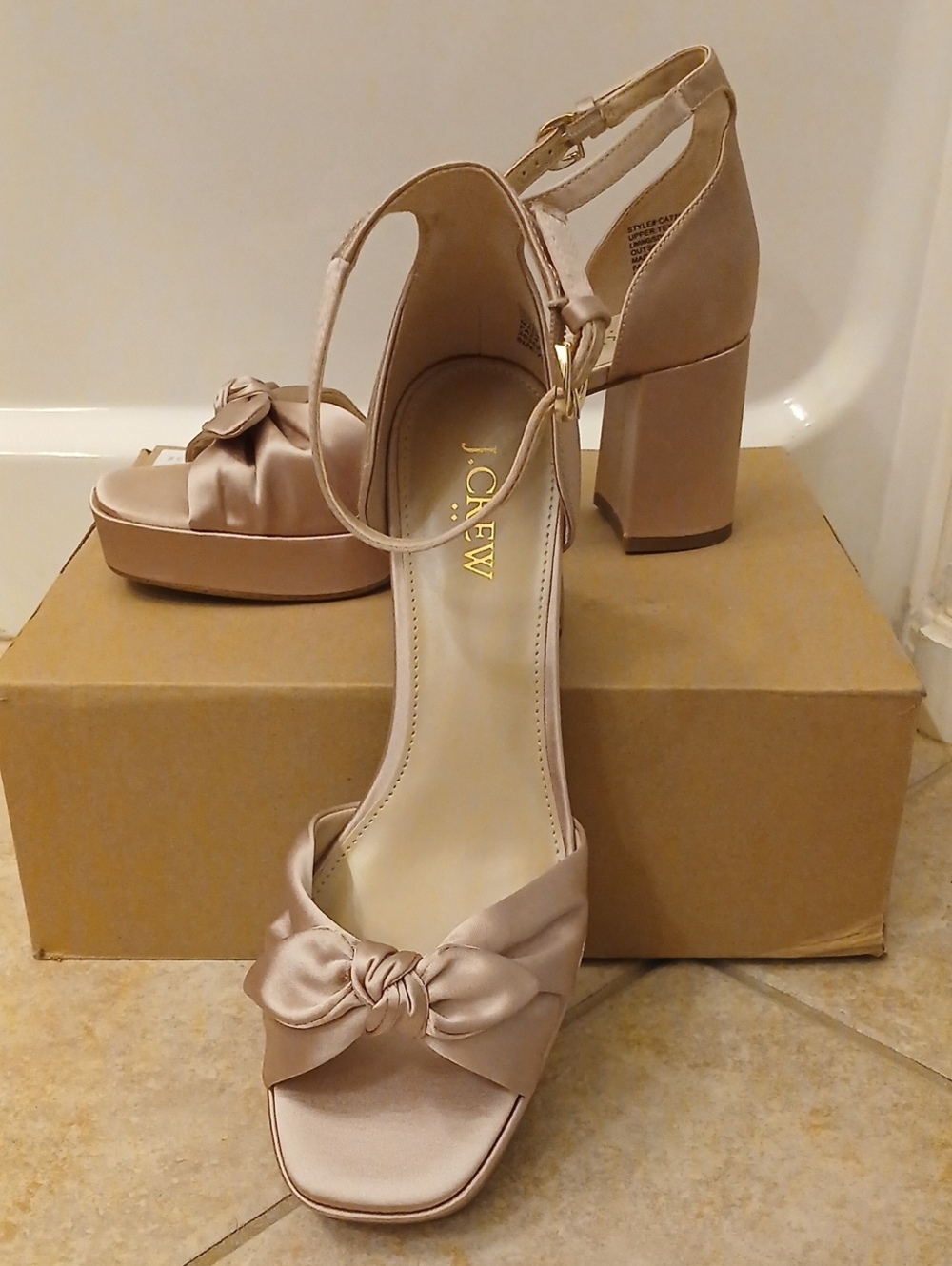 J. Crew Blush Pink Satin Knot Ankle-Strap Block Heels